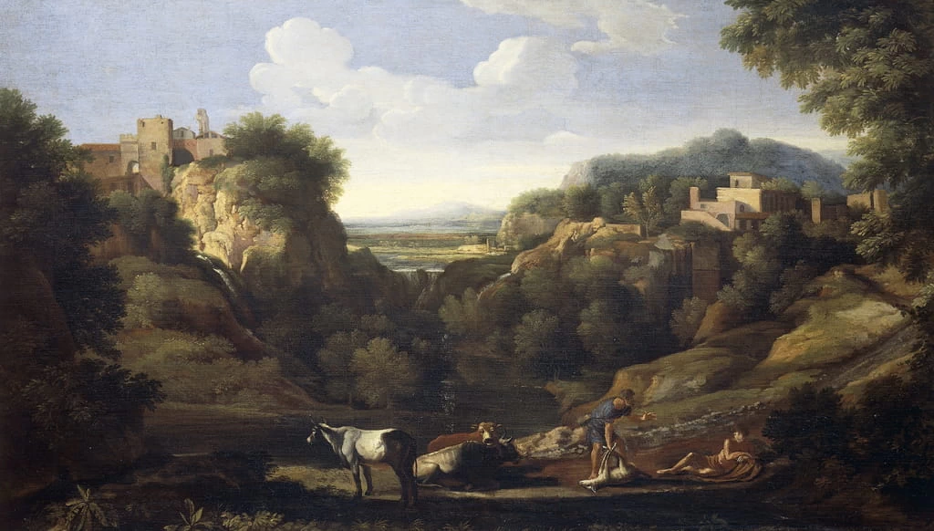 Paesaggio italiano con scena di caccia